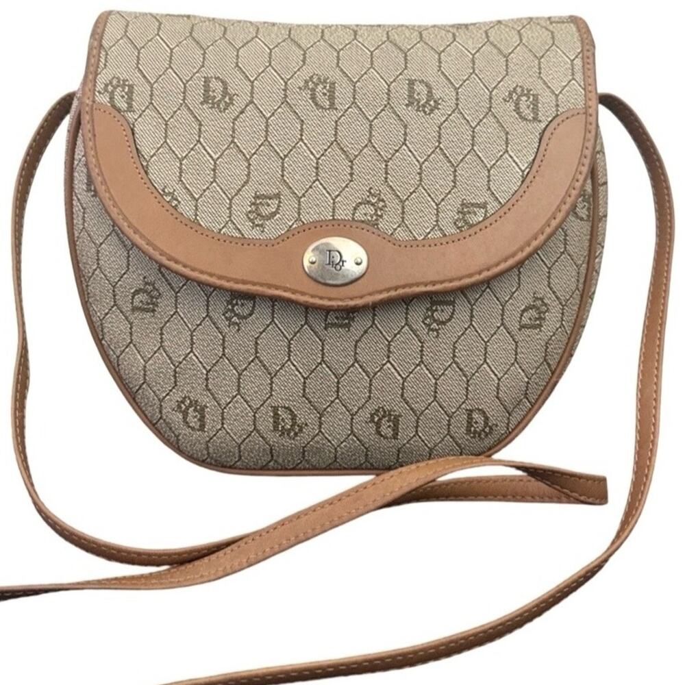Authentic Christian Dior Vintage Honeycomb Monogram Crossbody Bag Beige Brown